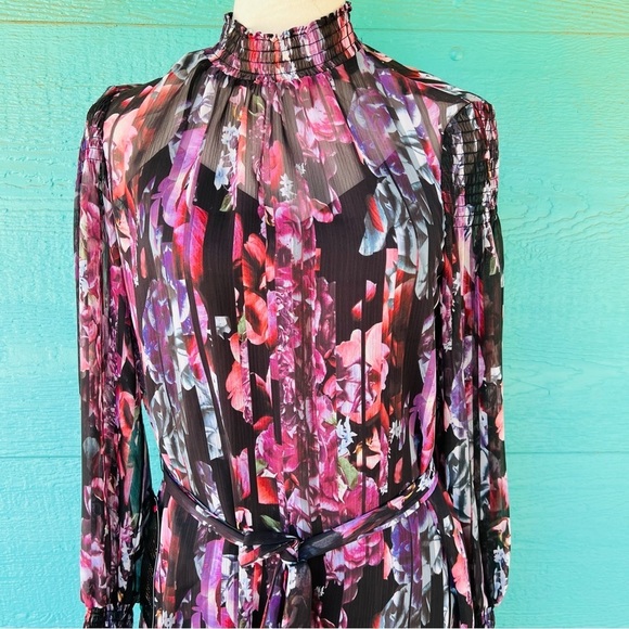 BEBE SHEER OVERLAY BLACK SLIP DRESS FLORAL PRINT BALLOON SLEEVES SIZE SMALL NWT - Picture 4 of 12